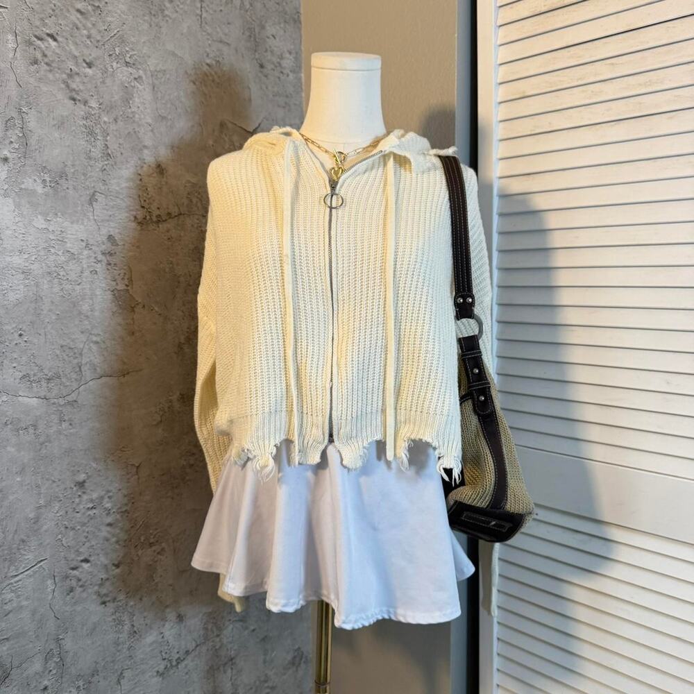 Cream Full Circle Trends Distressed Cream Knit Zip Up Hoodie
